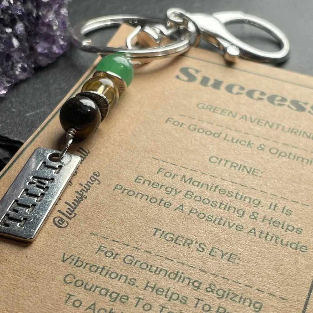 Success Crystal Guide Card And Green Aventurine Citrine And Tigers Eye Keychain